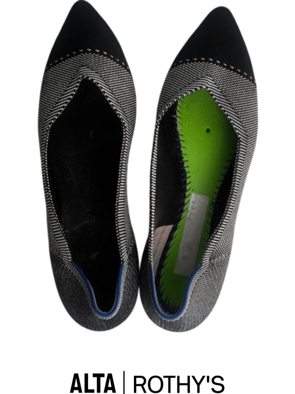 Rothy's Black and White PointedToe Flats with Green Insole